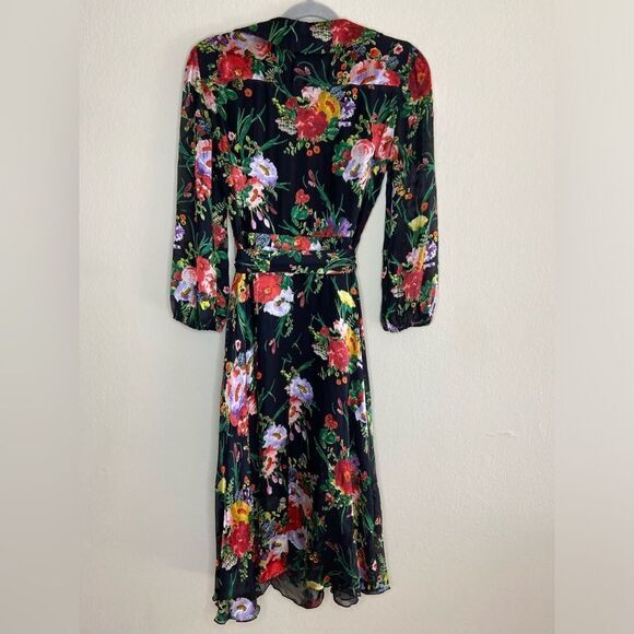 Alice + Olivia Abney Midi Black Dress Wrap Blooming Bouquet Floral Size S - Picture 7 of 9